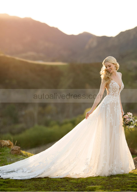 Beaded Ivory Lace Tulle Open Cross Back Wedding Dress